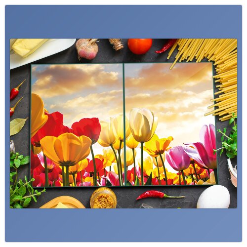 Herdabdeckplatten Ceran Spritzschutz Glas Universal 2-Teilig 2x40x52 Blumen Bunt