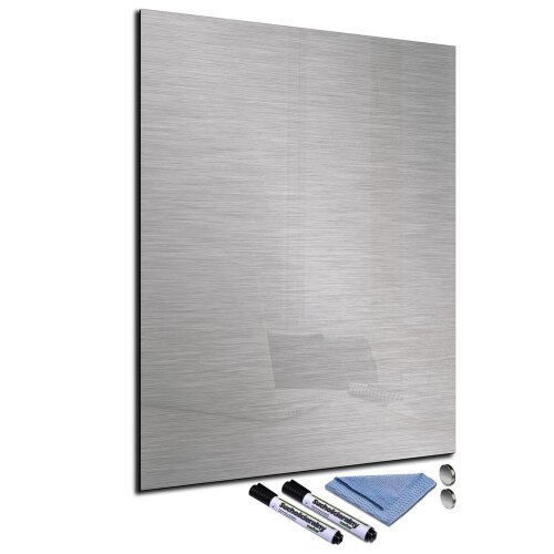Glas-Magnettafel 60x80 Pinnwand Wand mit Zubehör Whiteboard Edelstahl-Optik Grau